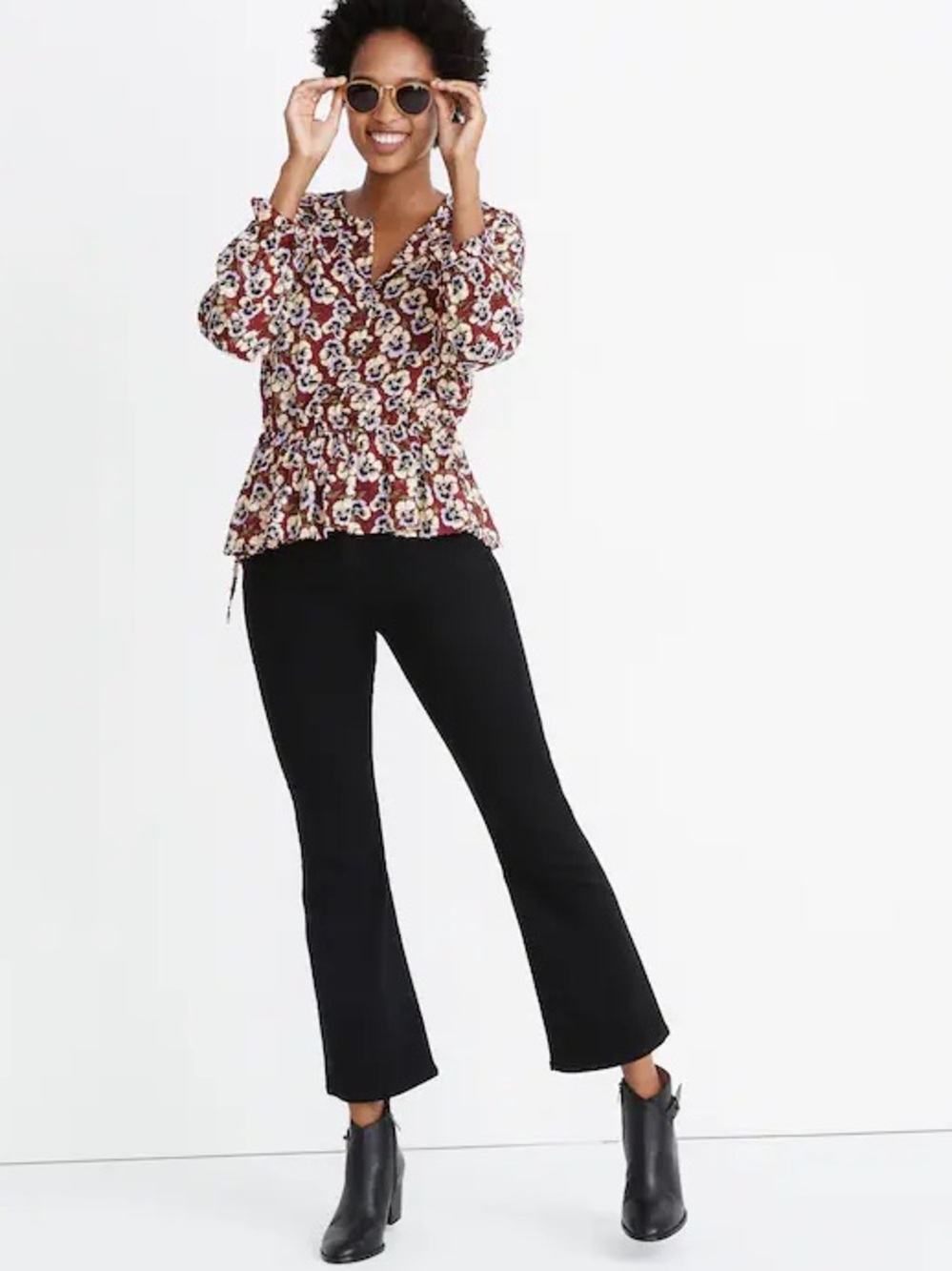 Madewell Drawstring Ruffle-Hem Top in Viola Floral Size XSmall